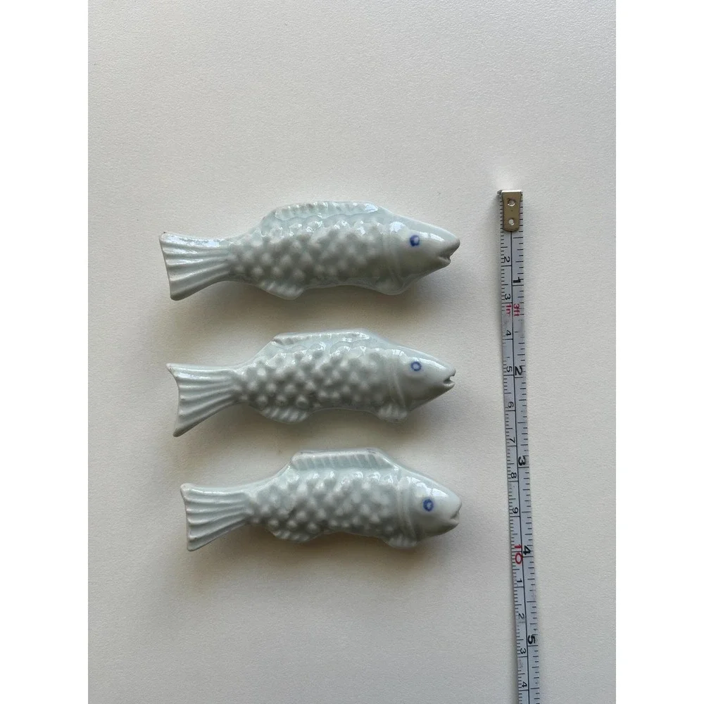 VTG 3 blue glazed ceramic fish chopstick/utensil rests Handmade artisan style